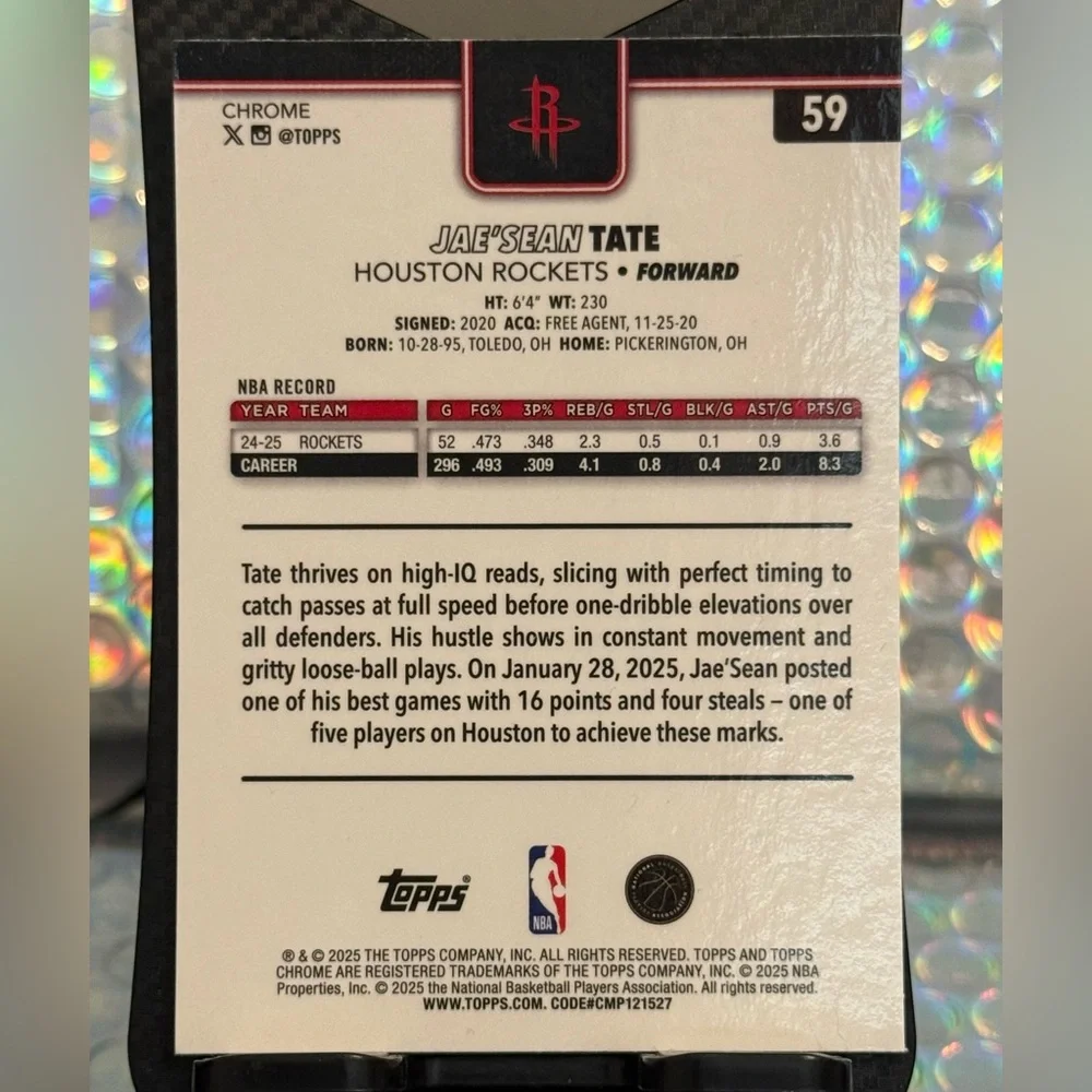 2025-26 Topps Chrome Basketball RayWave Refractors #59 Jae'Sean Tate - Rockets - Picture 4 of 4